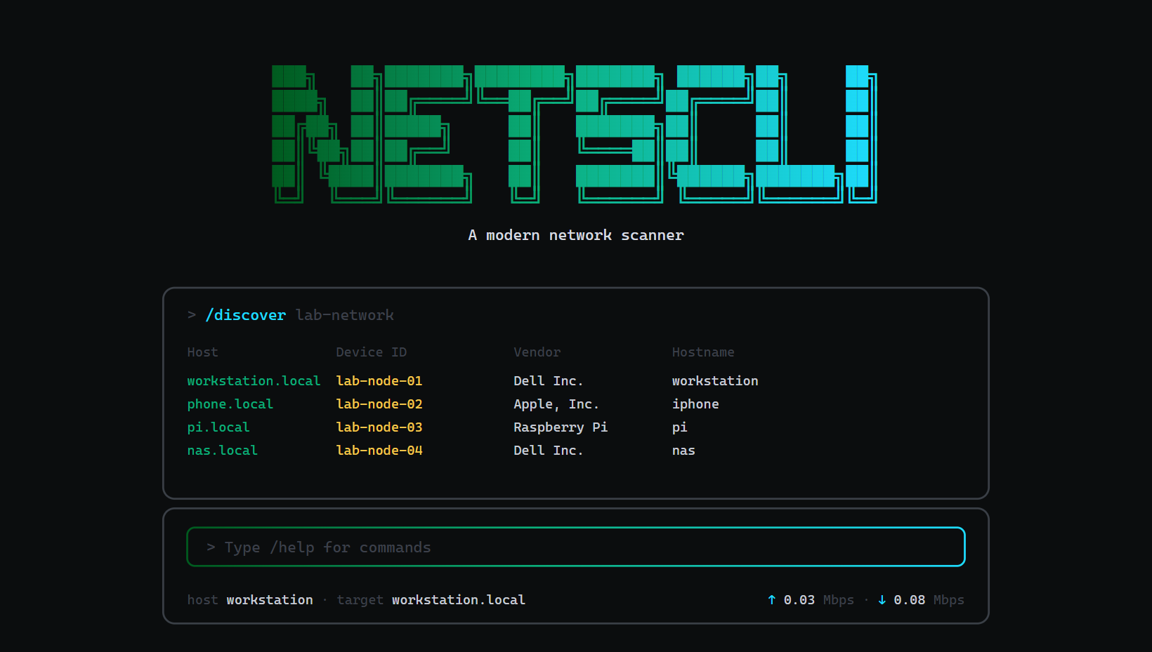 netscli terminal UI running /discover with sanitized lab hostnames, vendors, and response times